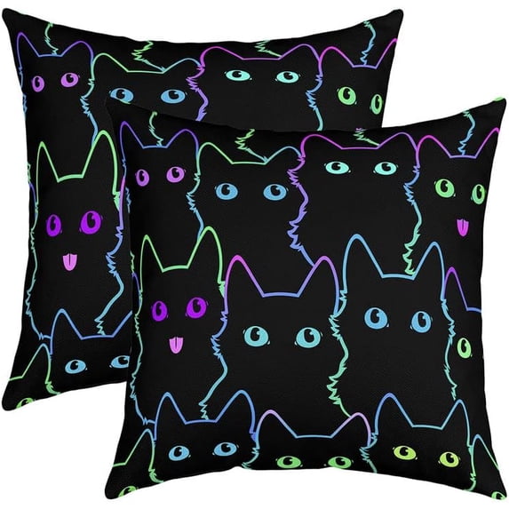 Cute Cat Throw Pillow Covers 18"x18" Set of 2 Soft Cartoon Cat Colorful Neon Pillow Cases Cushion Covers for Living Room Bedroom Simple Stroke Style Decorative Throw Pillowcases for Sofa Couch Chair