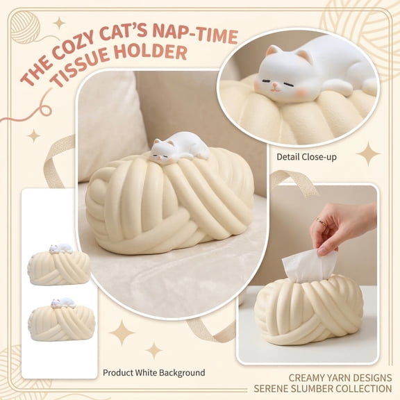 Cute Cat Tissue Box Cover, Decorative Tissue Holder with Adorable Kitten Design for Bathroom, Living Room, Office, Desktop - Soft Plush Tissue Dispenser for Standard Size Tissues