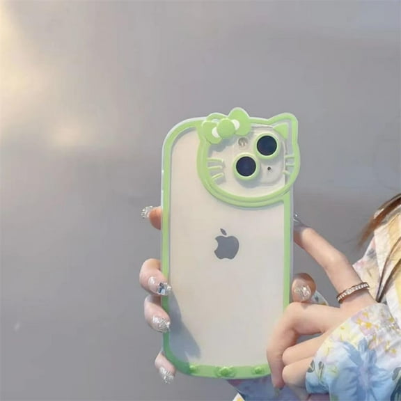 Cute Cat Transparent Phone Case for 15 14 13 12 11 Pro Max XS XR Cartoon Soft Shockproof Cover (Green, 12)