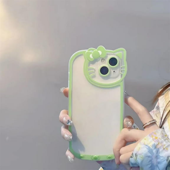 Cute Cat Transparent Phone Case for 15 14 13 12 11 Pro Max XS XR Cartoon Soft Shockproof Cover (Green, 13)