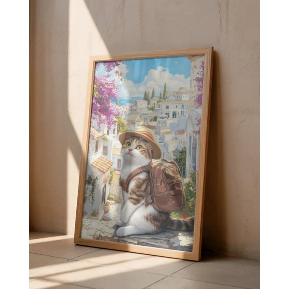 Cute Cat Travel Poster: Mediterranean , Summer Print, Stretched Canvas Size 16x24