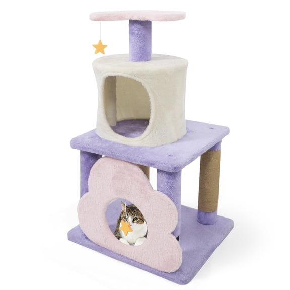 Cute Cat Tree, 31.5 Inch Multi Level Cat Tower With Jute Scching Posts, Condo, Top Perch, Hanging Toy, Moon Star Cloud Accents For Indoor Cats, Purple