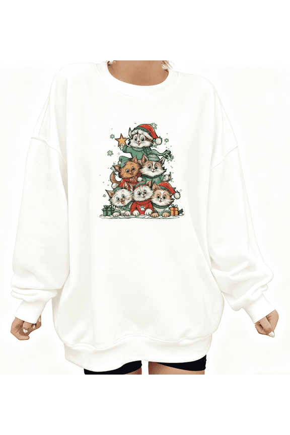 Cute Cat Tree Print Sweatshirt Christmas Kitty Stack Graphic Sweatshirt White S-3XL Tops