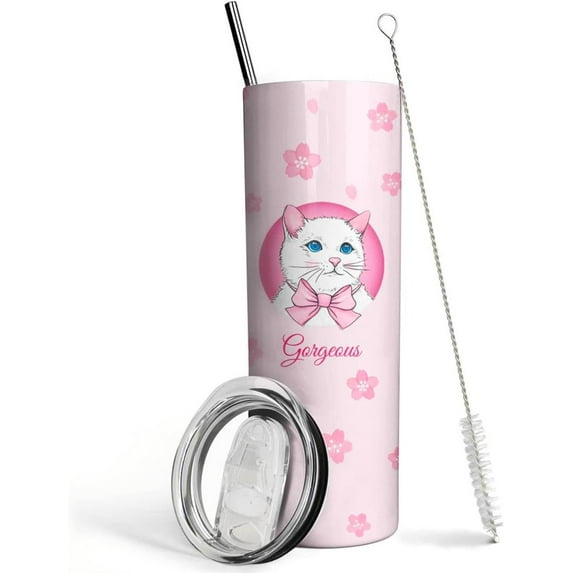 Cute Cat Tumbler with Lid and Straw - Cherry Blossom Sakura Cat Cup - Pink kawaii Cat Skinny Tumbler, Water Bottle, Coffee Mug - Metal Thermal Insulated Tumblers 20 Oz - Cat Gifts for Cat Lovers