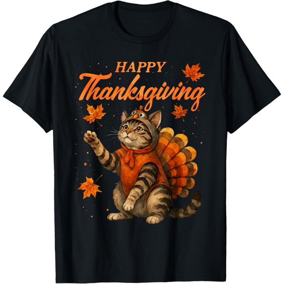 Cute Cat Turkey Happy Thanksgiving Fall Meow Cat Lover T-Shirt
