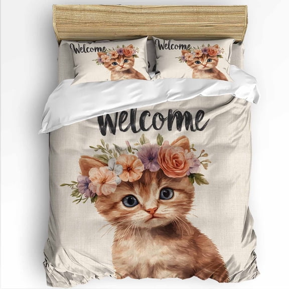 Cute Cat Twin Size Comforter Set, Garland Welcome Retro Soft Bedding for All Seasons, 4 Pcs Bed Set with 1 Comforter (68"x86") ,1Sheet(66"x116"), 2 Pillowcases (19"x29")