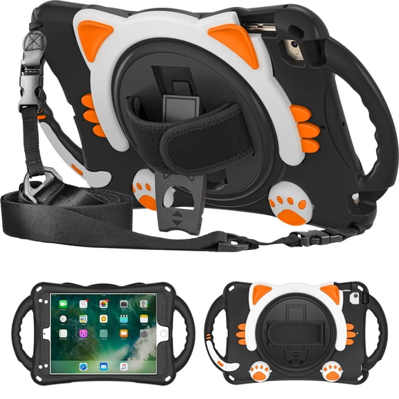 Cute Cat Universal Case for iPad 10.2 Tablet (iPad 8th/7th Generation) & iPad Air (3rd Generation) 10.5" & iPad Pro Tablet 10.5 Inch - Shockproof Stand Kids Case with Rotate Hand Strap (Black Orange)