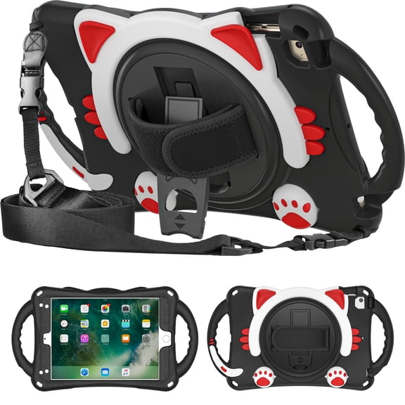 Cute Cat Universal Case for iPad 10.2 Tablet (iPad 8th/7th Generation) & iPad Air (3rd Generation) 10.5" & iPad Pro Tablet 10.5 Inch - Shockproof Stand Kids Case with Rotate Hand Strap (Black Red)