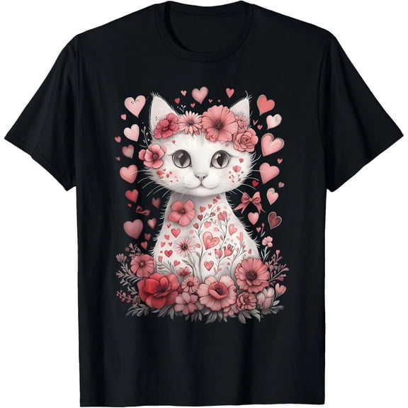 Cute Cat Valentines Day Flowers Heart Cat Lover Kitten Kitty T-Shirt