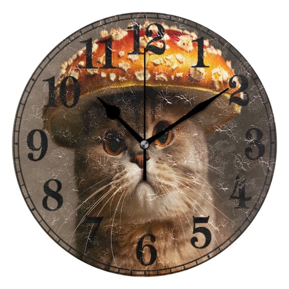 Cute Cat Wear Mushroom Hat Silent Wall Clock 10" Non-Ticking Battery Clock