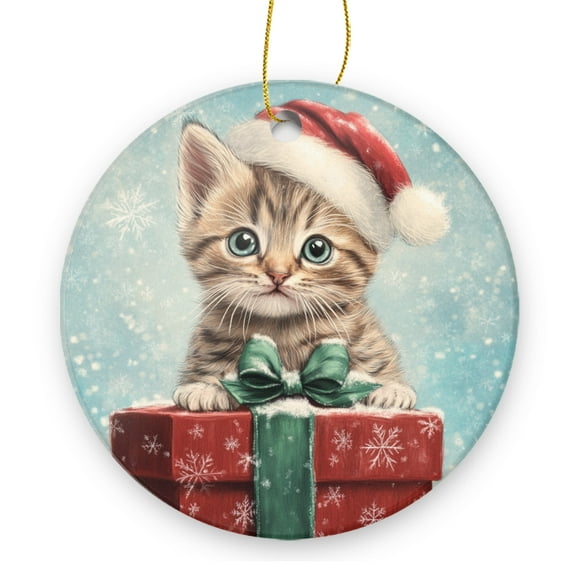 Cute Cat Wearing A Santa Hat With Gift Box In Snow - Christmas Ornament Xmas Keepsake Ceramic Ornaments Holiday Decorations for Tree Christmas Gift Ideas 2.95in