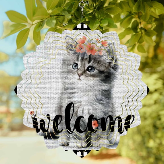 Cute Cat Wind Spinner for Garden Yard 8In, Welcome Words Animal Flower Film Boundary Linen Texture 3D Stainless Steel Kinetic Hanging Wind Spinners Rustproof Outdoor Decor for Lawn Patio Home
