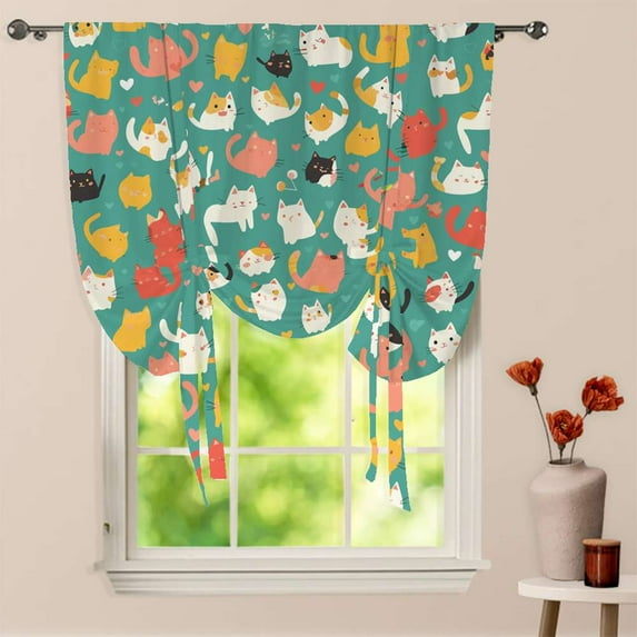 Cute Cat Window Curtain for Living Room Roman Curtain Kitchen Tie-up Curtains Adjustable Drapes