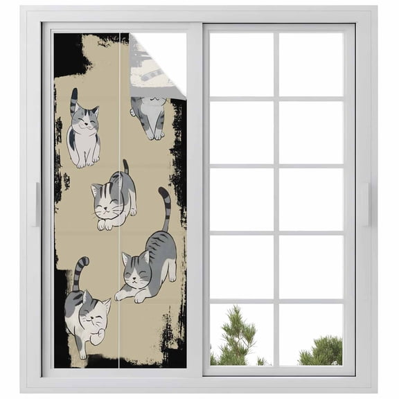 Cute Cat Window Privacy Film, Black Beige Vintage Animal Static Cling UV Sun Blocking Heat Control Window Tint Day and Night, Non-Adhesive Reusable One Way Windows Privacy Cover 23.6''x59''