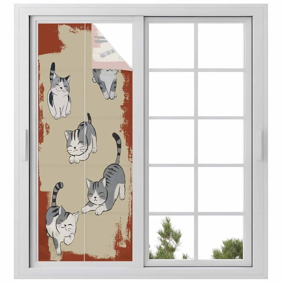 Cute Cat Window Privacy Film, Burnt Orange Beige Vintage Animal Static Cling UV Sun Blocking Heat Control Window Tint Day and Night, Non-Adhesive Reusable One Way Windows Privacy Cover 23.6''x59''