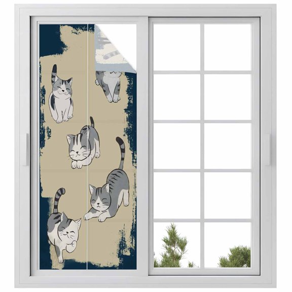 Cute Cat Window Privacy Film, Navy Blue Beige Vintage Animal Static Cling UV Sun Blocking Heat Control Window Tint Day and Night, Non-Adhesive Reusable One Way Windows Privacy Cover 23.6''x59''