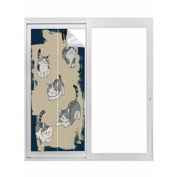 Cute Cat Window Privacy Film, Navy Blue Beige Vintage Animal Static Cling UV Sun Blocking Tint Film Heat Control Windows Films for Bedroom Bathroom, Window Stickers 17.7"x39.3"