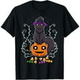 thumbnail image 1 of Cute Cat Witch Halloween T-Shirt, Graphic Tee, Pumpkin Candy Corn Design，Interesting design，Fashion，cotton，black，S-5XL, 1 of 1