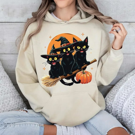Cute Cat Witch Hoodie for Halloween - Black Hoodie for Spooky Festival