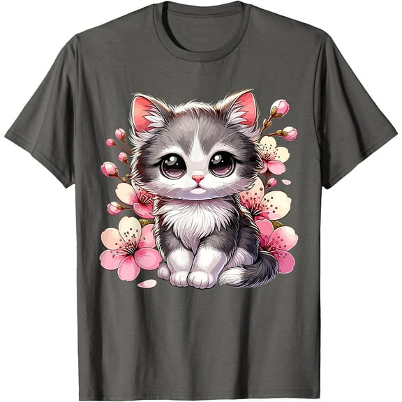 Cute Cat With Cherry Blossoms Kitten Unisex T-Shirt for Men Women Kids Toddler,Charcoal Color,Size M
