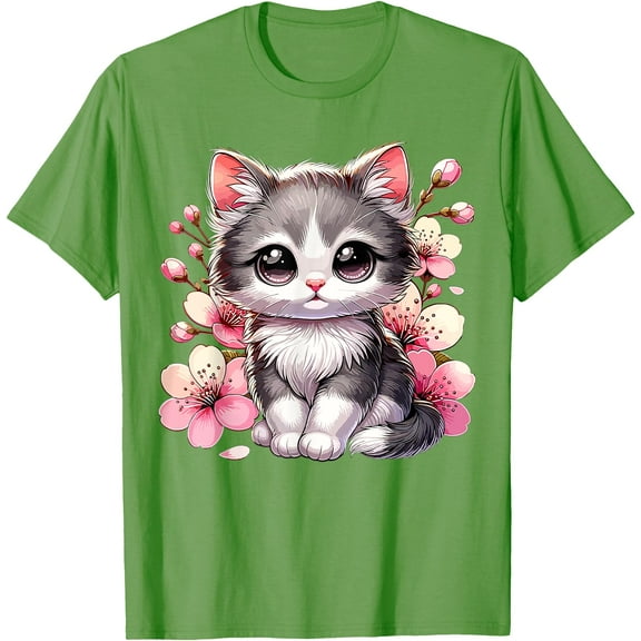 Cute Cat With Cherry Blossoms Kitten Unisex T-Shirt for Men Women Kids Toddler,Lime Color,Size M