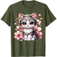 thumbnail image 1 of Cute Cat With Cherry Blossoms Kitten Unisex T-Shirt for Men Women Kids Toddler,Military Green Color,Size 5XL, 1 of 5