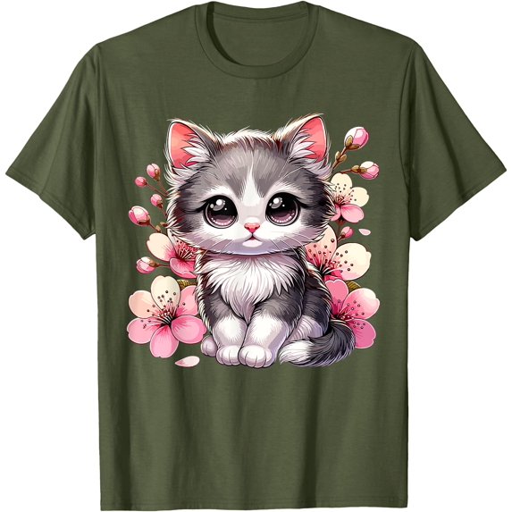 Cute Cat With Cherry Blossoms Kitten Unisex T-Shirt for Men Women Kids Toddler,Military Green Color,Size 5XL