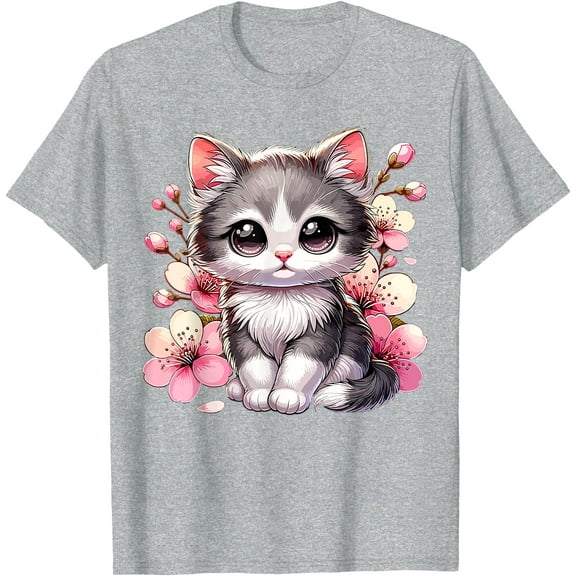 Cute Cat With Cherry Blossoms Kitten Unisex T-Shirt for Men Women Kids Toddler,Sport Grey Color,Size 5/6