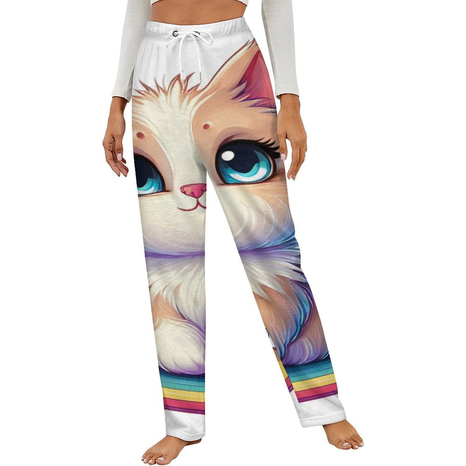Cartoon Kitten Embroidered Straight-Leg Casual Pants