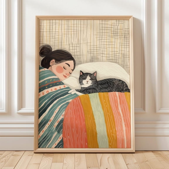 Cute Cat And Woman Sleep Together, Cozy Sleeping Cat Print, Whimsical Feline Wall Art, Soft Neutral Aesthetic Print Wall Art, Modern Wall Decor, 16x24 UNFRAMED