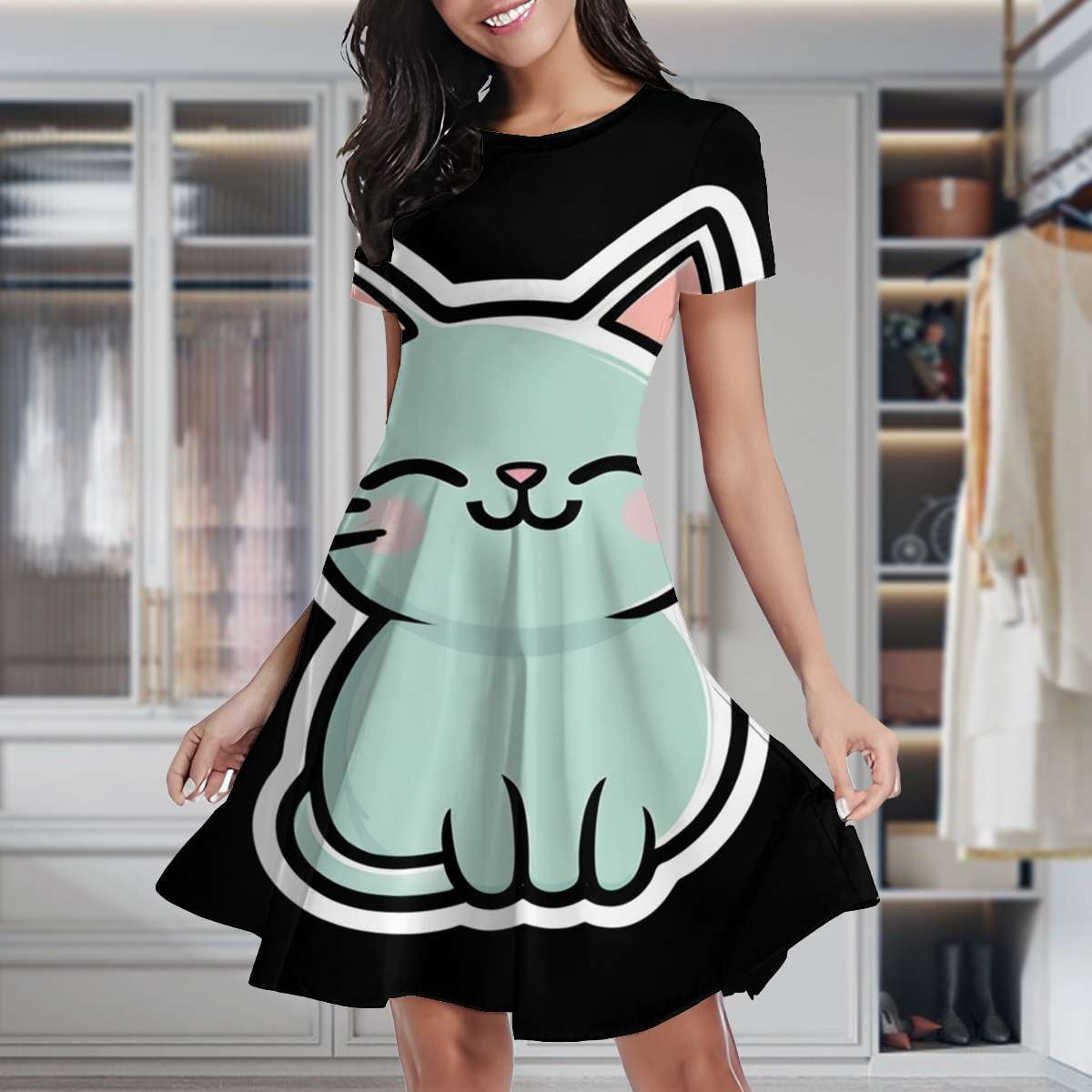 Cute Cat Women's Classic Swing Skater Dress Casual Work Party Cocktail ...