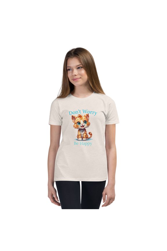 Cute Cat Don't Worry Be Happy Youth Tee – Adorable Kitten T-Shirt, Positive Vibes Shirt for Kids, Fun Graphic Tee, Gift for Cat Lovers (Heather Dust, M)