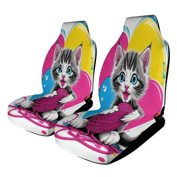 Cute Cat Yarn Play Car Seat Covers Front Seats Universal Fit for Cars SUV Truck Auto Interior Accessories