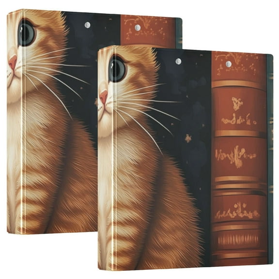 Cute Cat and Books 3 Ring Binders 1.5 inch Hardcover File Folders with Interior Pockets A4 Size Organizer for School Office Hospital Set of 2