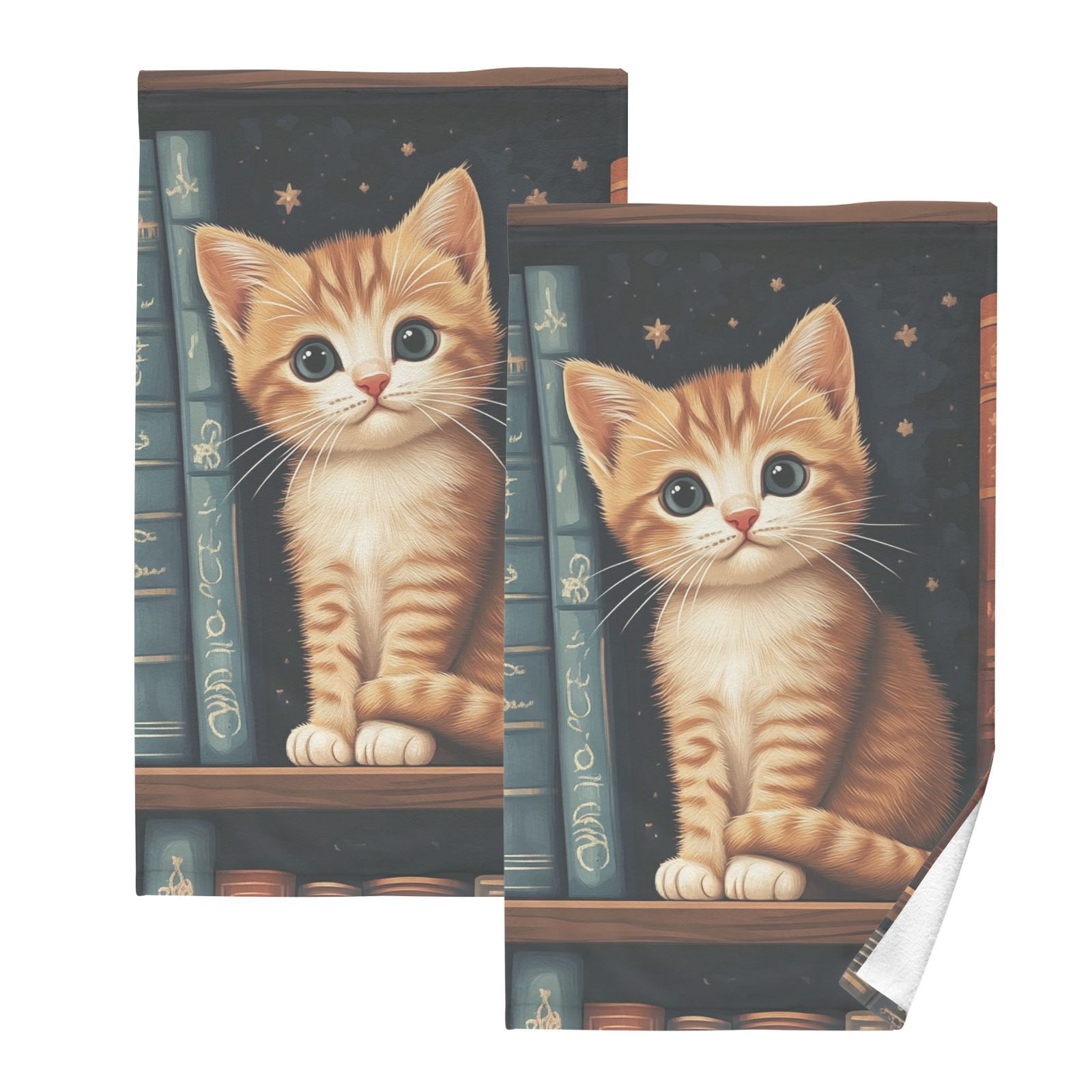 Cute Cat and Books Hand Towels Cotton Bath Towels Large Face Towels Absorbent for Bathroom 2 Packs
