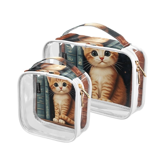 Cute Cat and Books Makeup Bags Set Travel Toiletry Bags Portable Cosmetic Bags Organizer Waterproof 2 Packs