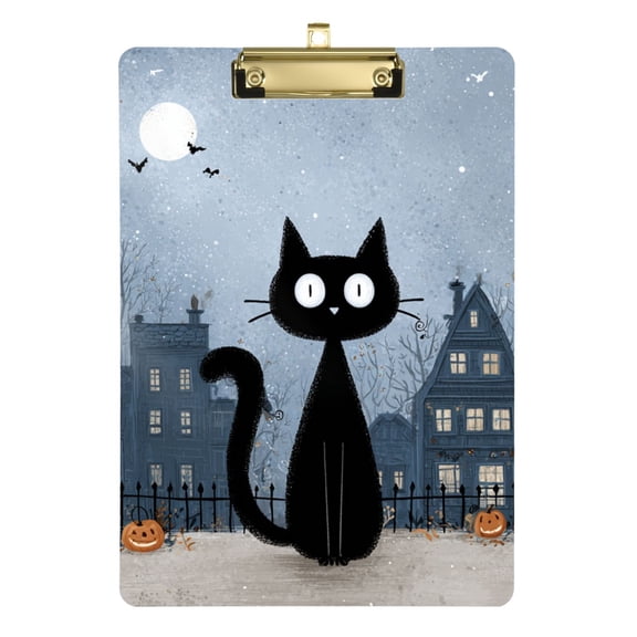 Cute Cat and Halloween Night City Acrylic Clipboard Drawing Board with Hook Writing Pad File Storage A4 Size Gold 12.5" x 9"