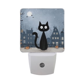 Cute Cat and Halloween Night City LED Night Light Sensor Lamp Plug-in Adjustable Brightness 2 Pack