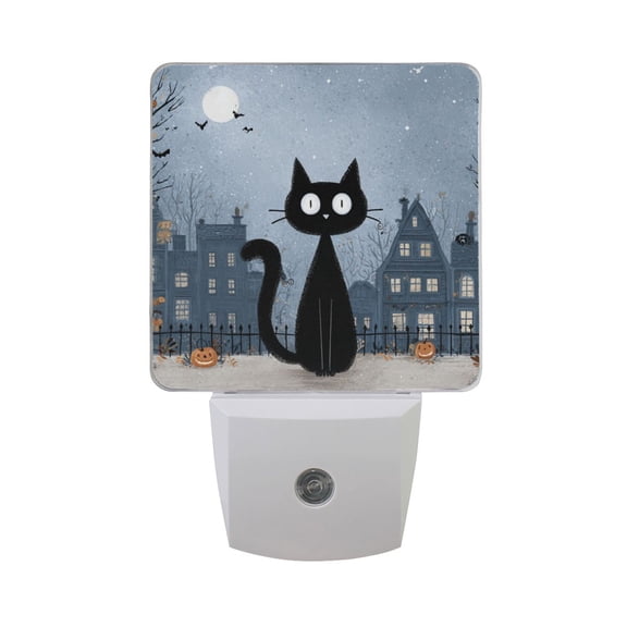 Cute Cat and Halloween Night City LED Night Light Sensor Lamp Plug-in Adjustable Brightness 2 Pack