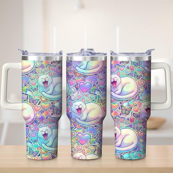 Cute Cat and Heart Pattern Stainless Steel Tumbler, 30oz