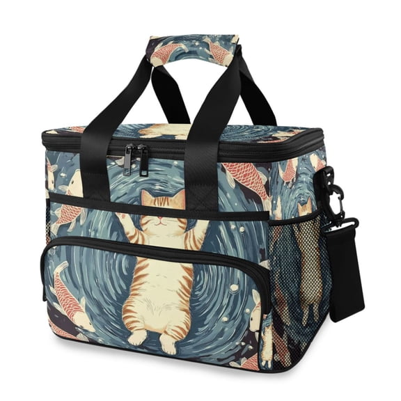 Cute Cat and Koi Fish Insulated Lunch Bag 15L Cooler Box for Women Men Work Camping Beach Travel