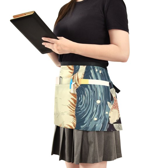 Cute Cat and Koi Fish Server Apron with 3 Pockets Waist Apron for Waiter Waitress