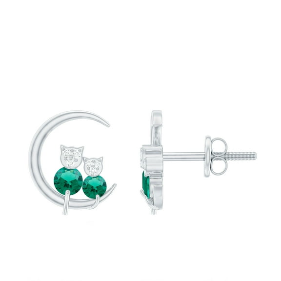 Rosec Jewels Cute Cat and Moon Stud Earrings with Lab Grown Emerald and Moissanite (AAAA Grade), 925 Sterling Silver