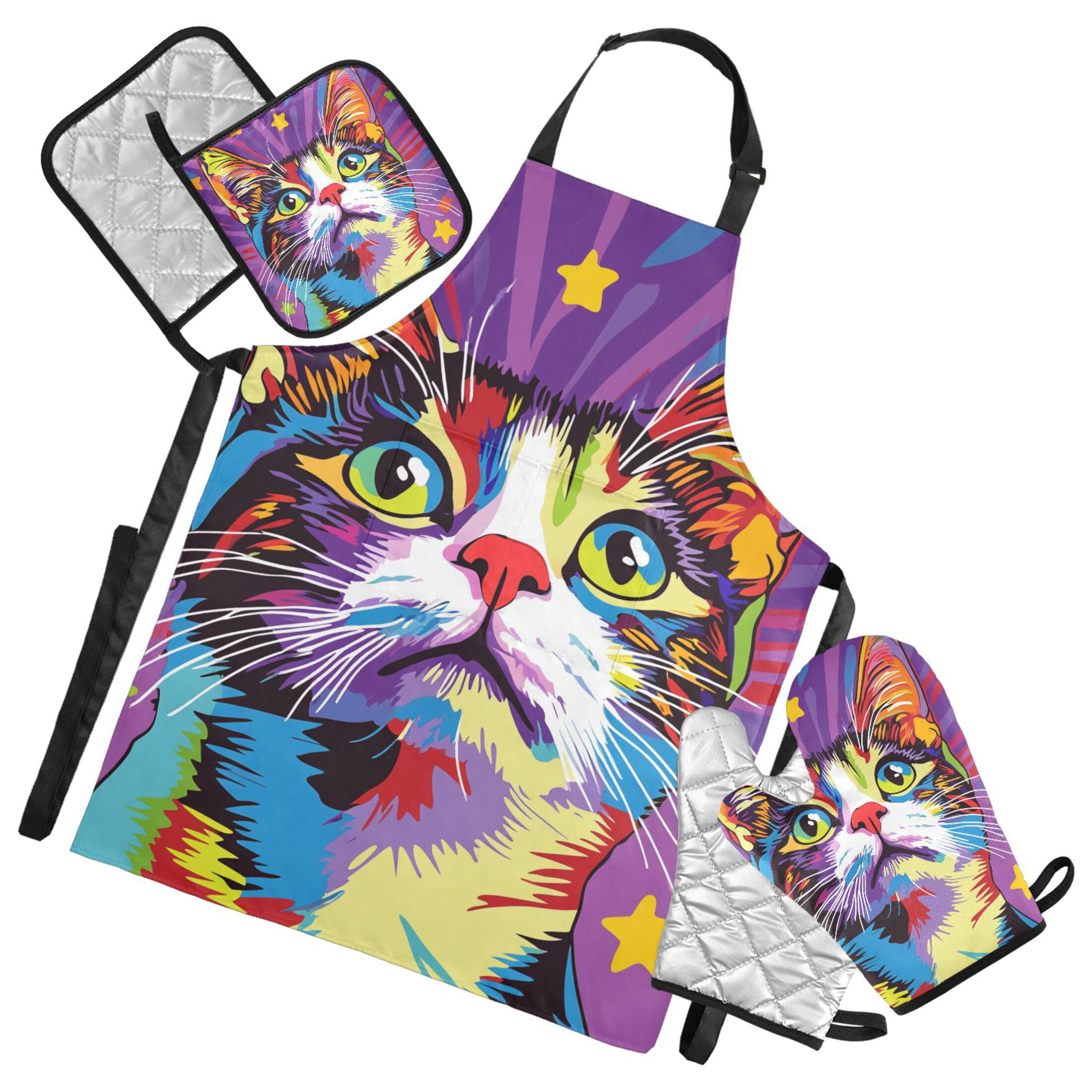 Cute Cat and Star 5 Pcs Kitchen Set Heat Resistant Oven Mitts and Non-Slip Pot Holders with Adjustable Cooking Apron