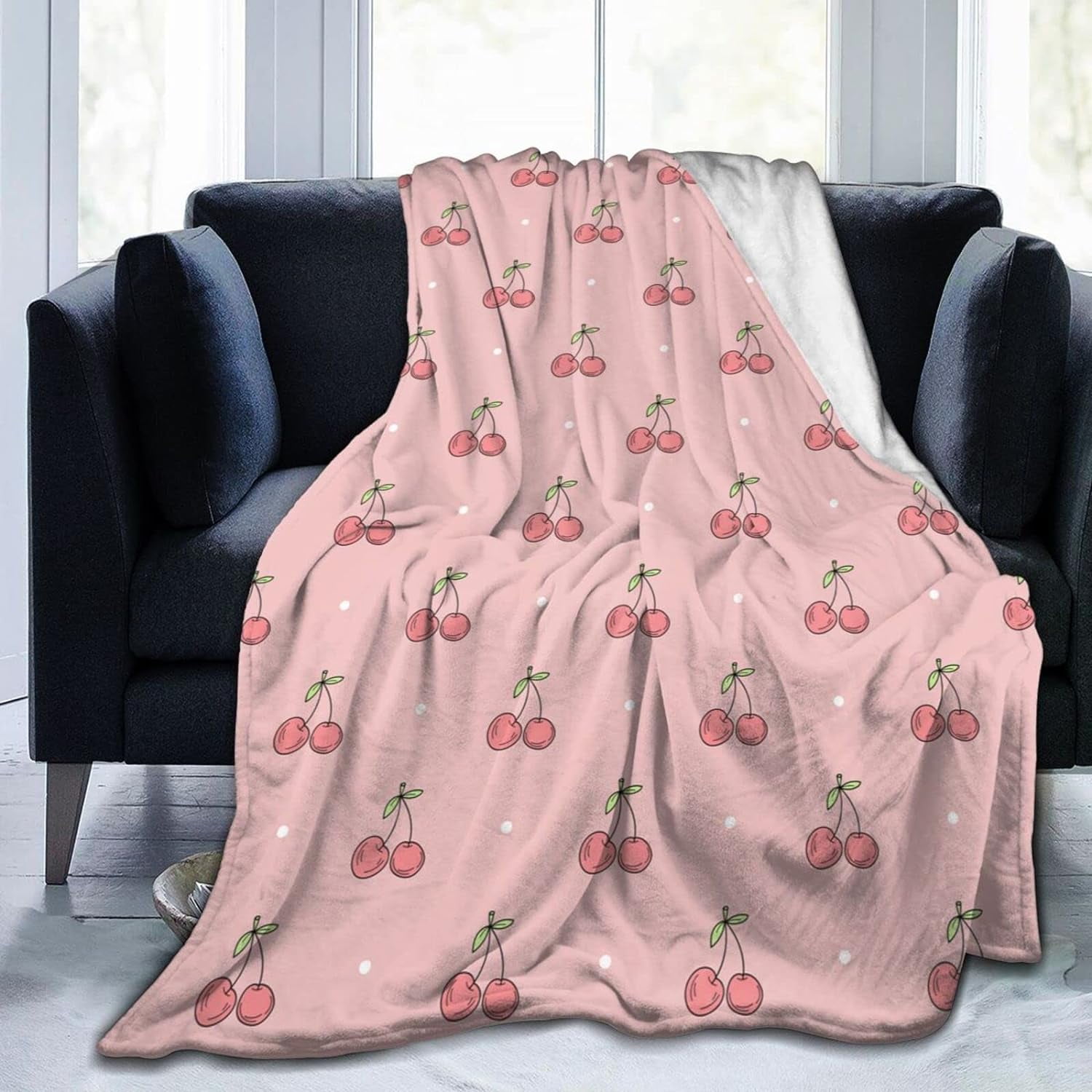 Cute Cat and Strawberry and Cherry Berries Blanket All Seasons Cherry Print Throw Blankets ...