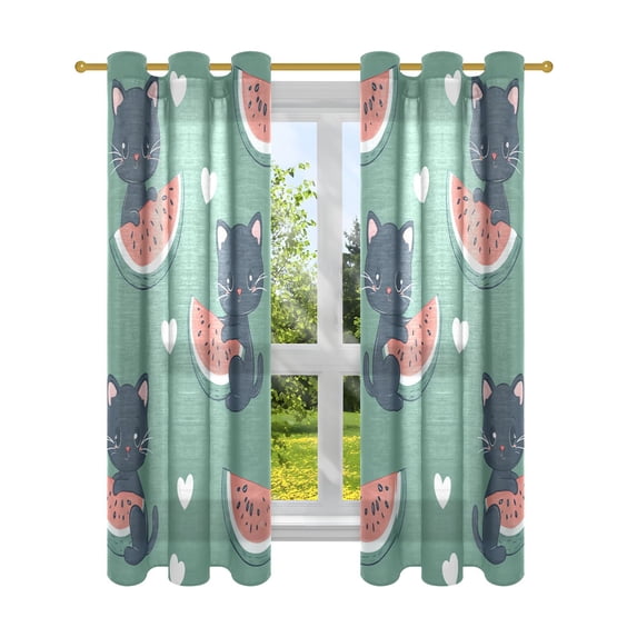Cute Cat and Watermelon Semi Sheer Curtains for Living Room Bedroom Set of 2 Insulated Window Drapes