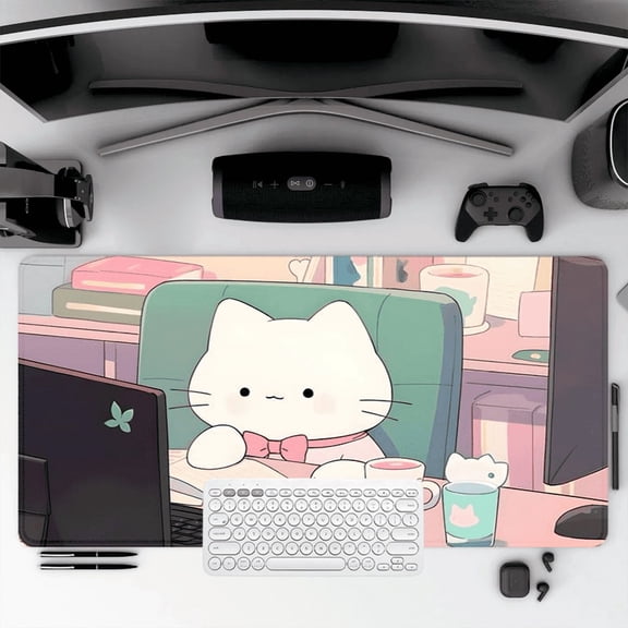 Cute Cat at Desk Rubber Mouse Pad 35.4 x 15.8 Inches for Office and Home Use