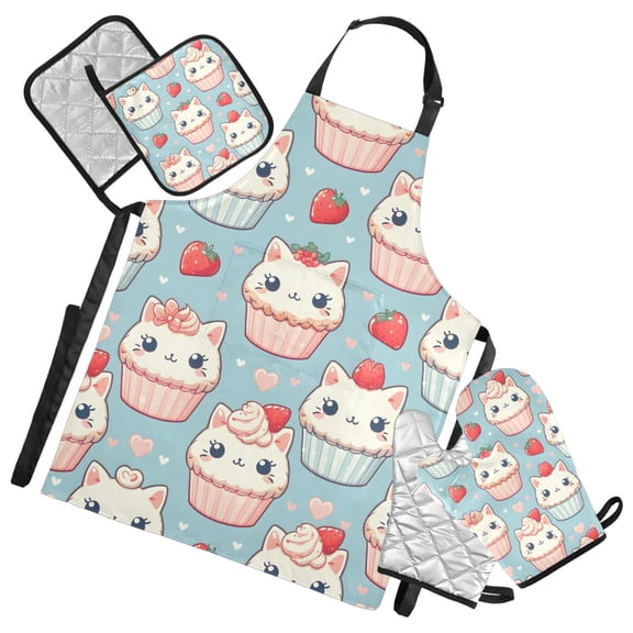 Cute Cat in Cupcake 5 Pcs Kitchen Set Heat Resistant Oven Mitts and Non-Slip Pot Holders with Adjustable Cooking Apron
