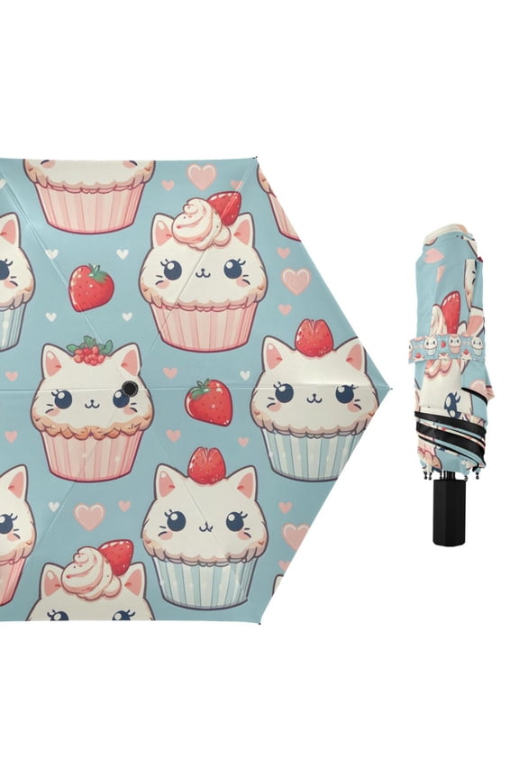 Cute Cat in Cupcake Compact Sun Umbrella Windproof Travel Umbrellas for Rain Strong Portable UV Protection