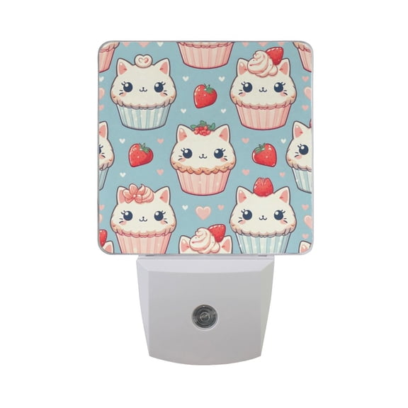 Cute Cat in Cupcake Night Light 2 Pack LED Nightlight Plug into Wall Dusk to Dawn Sensor Soft White